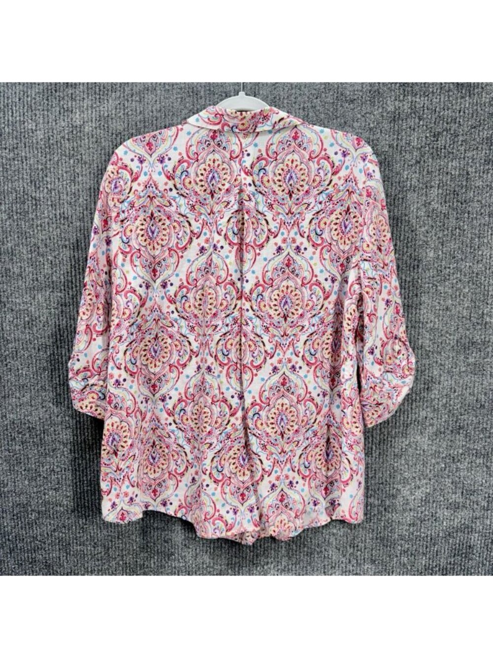 Chicos Linen No Iron Top Size 2P/LP Pink Damask Paisley Button Front 3/4 Sleeve - Picture 4 of 10